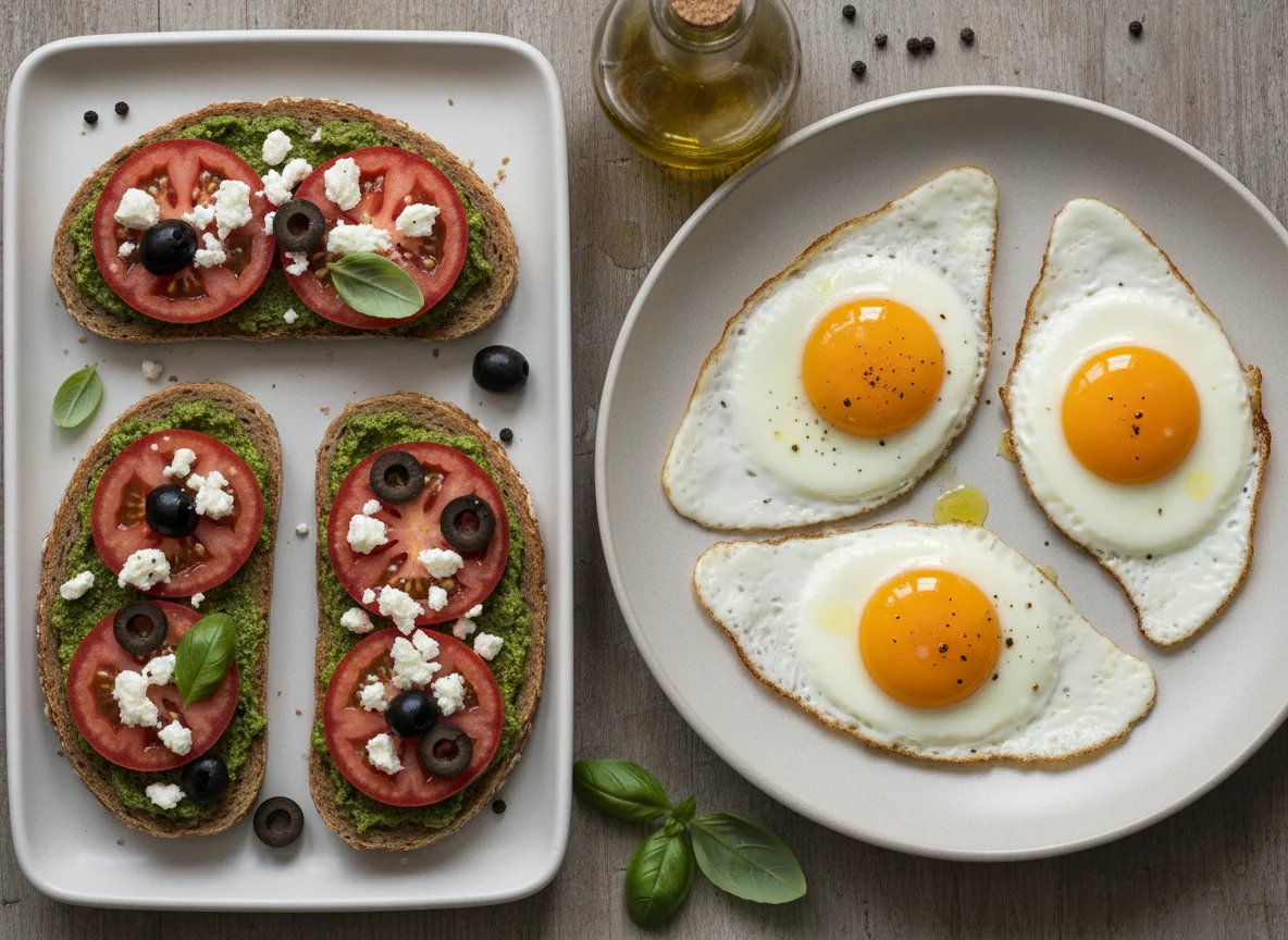 Spiegeleier und belegte Brote photo