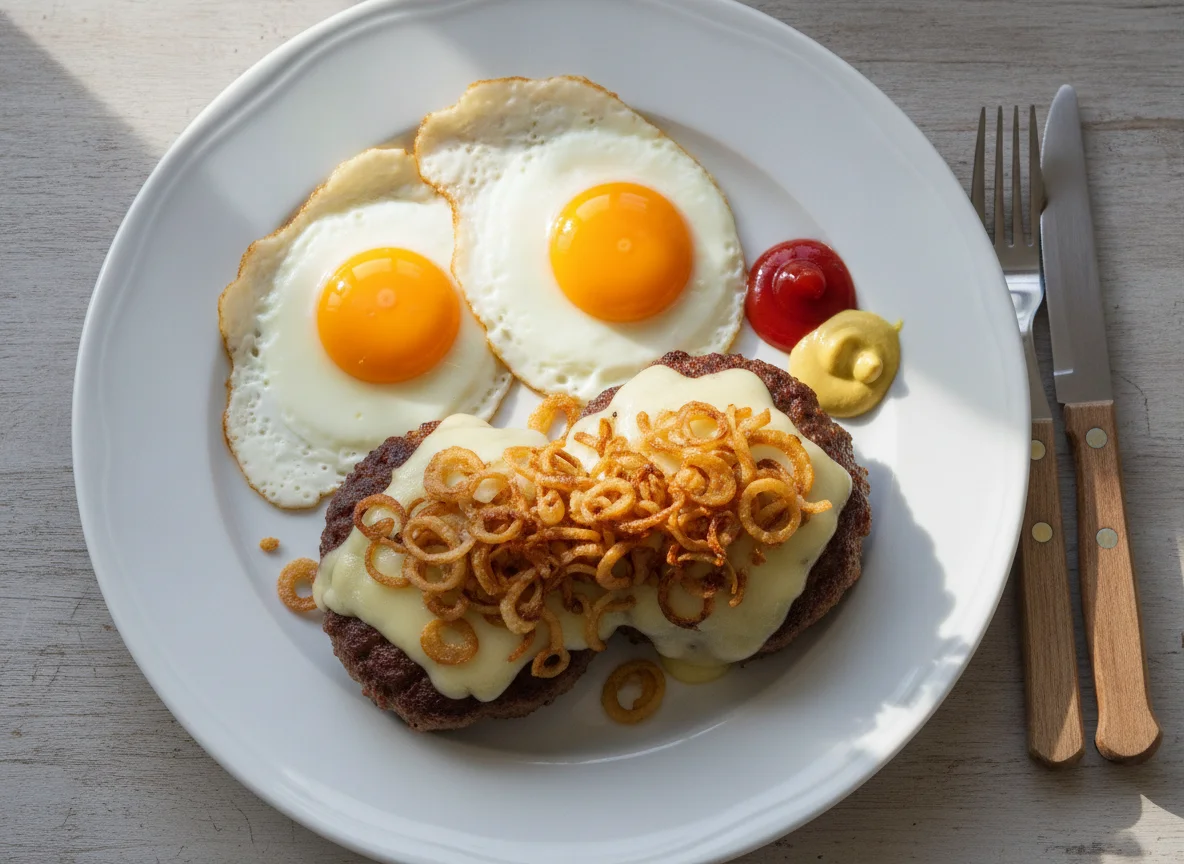 Spiegeleier und Burgerpatties mit Käse und Zwiebeln photo