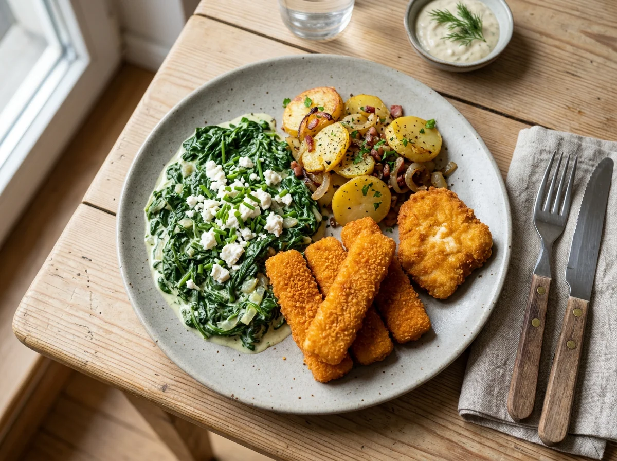 Spinat mit Kartoffeln und Fischstäbchen photo