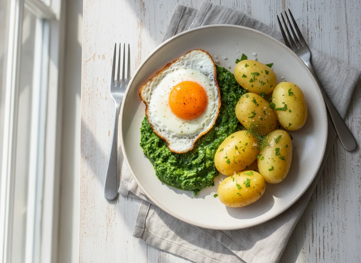 Spinat mit Kartoffeln und Spiegelei photo