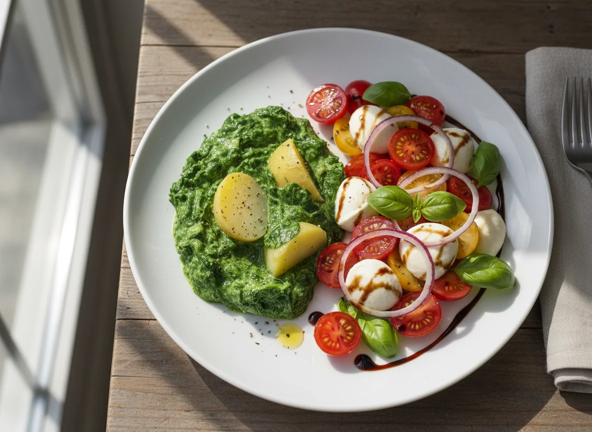 Spinat mit Kartoffeln und Tomaten-Mozzarella-Salat photo