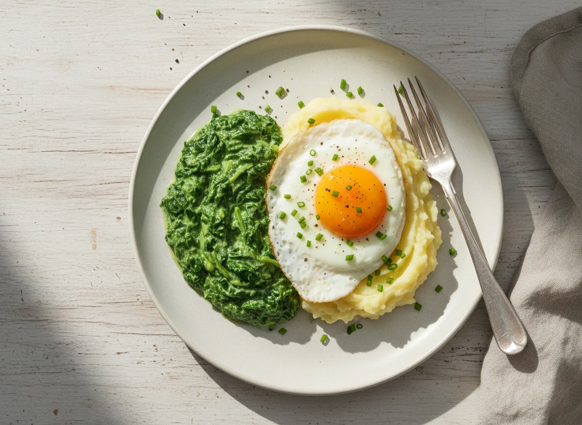 Spinat mit Kartoffelpüree und Spiegelei photo
