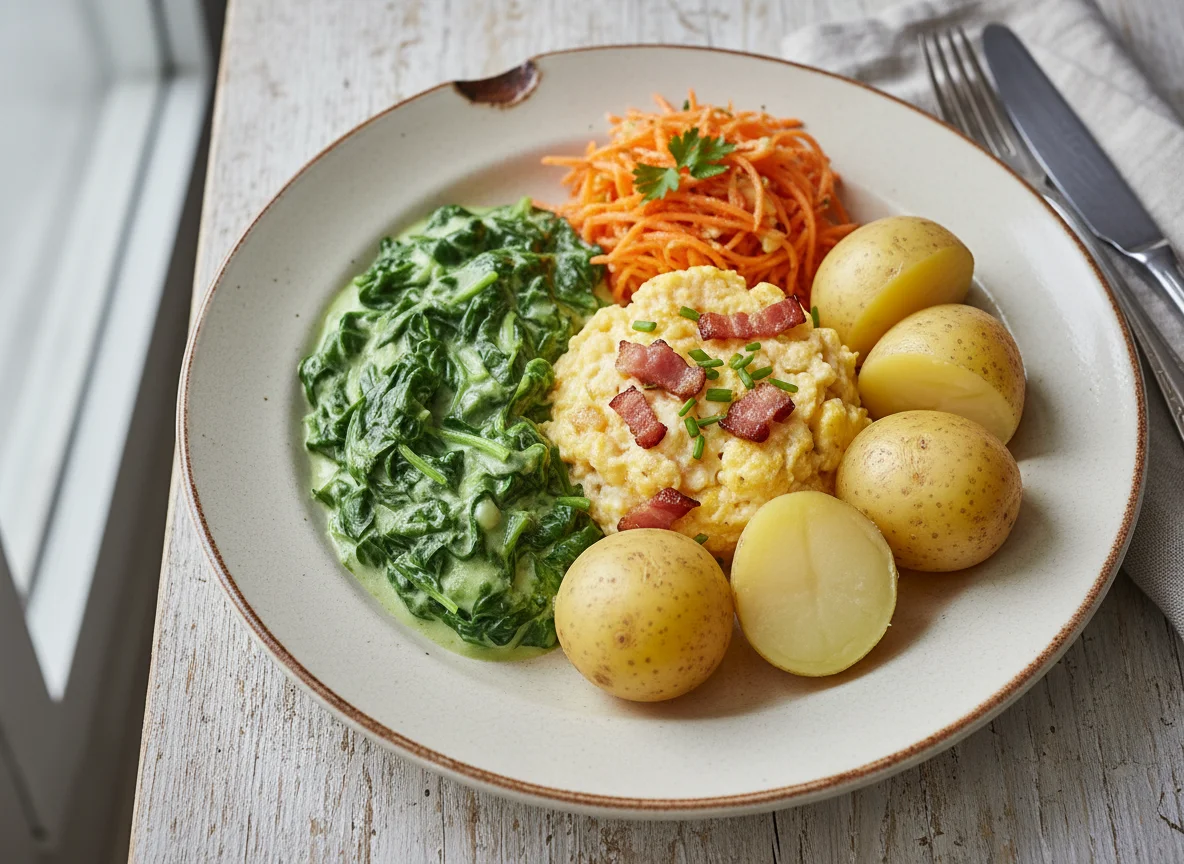 Spinat mit Rührei und Kartoffeln photo