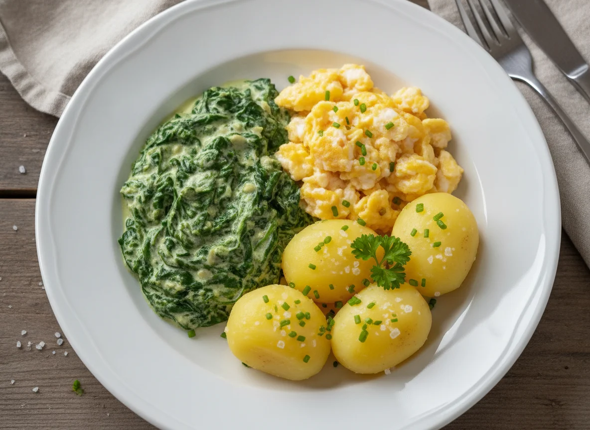 Spinat mit Rührei und Salzkartoffeln photo