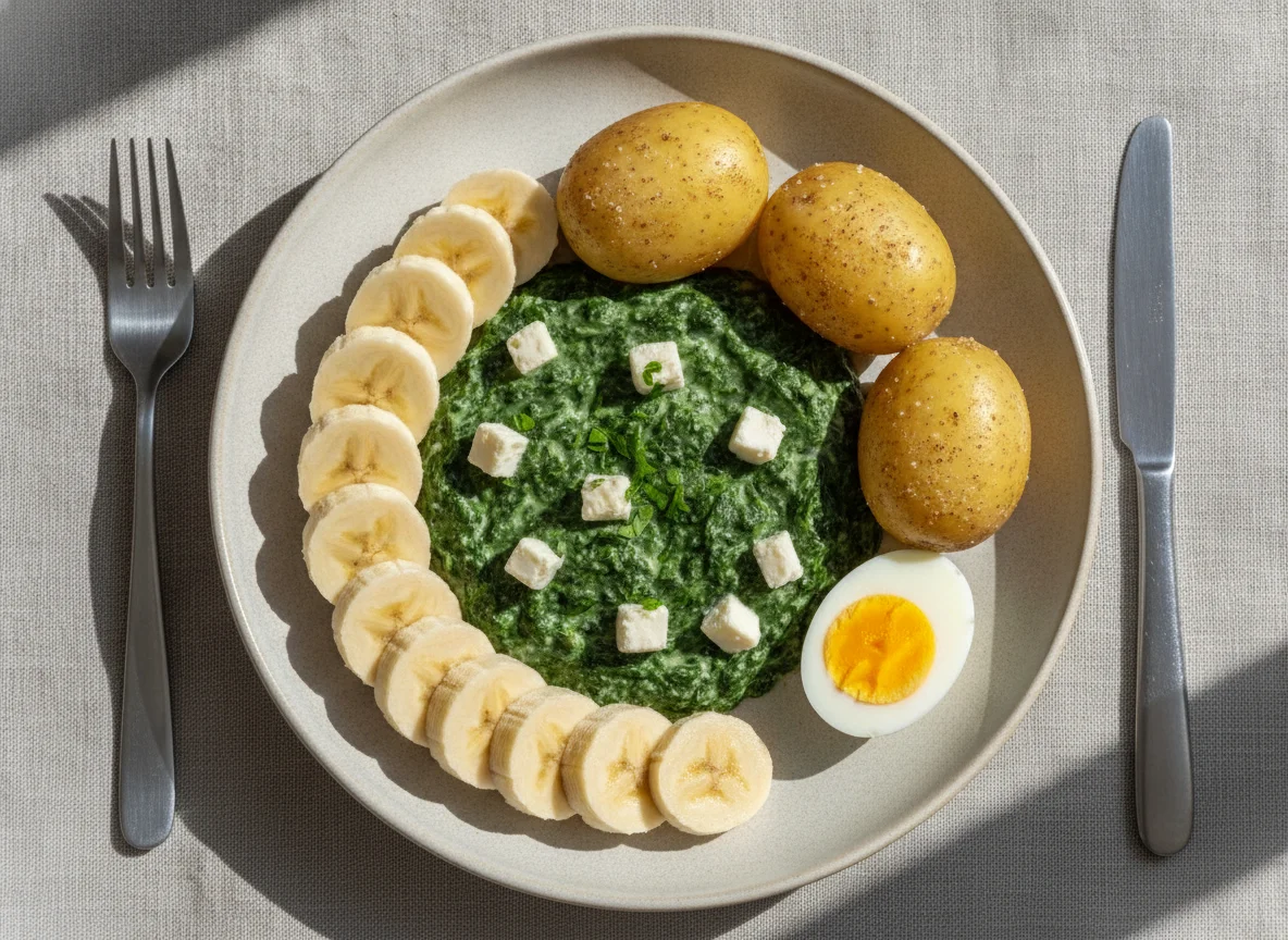 Spinat mit Salzkartoffeln und Ei photo