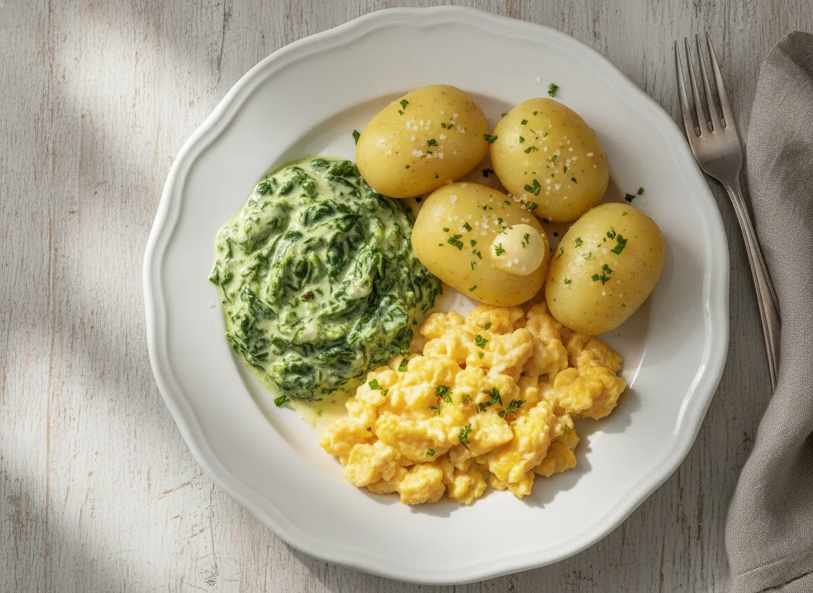 Spinat mit Salzkartoffeln und Rührei photo