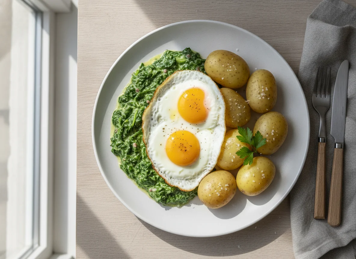 Spinat mit Salzkartoffeln und Spiegelei photo