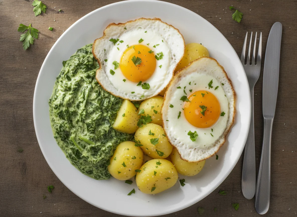 Spinat mit Salzkartoffeln und Spiegeleiern photo