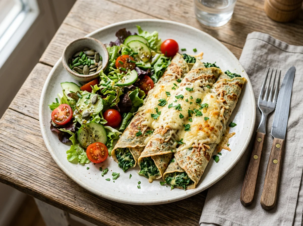 Spinat-Crêpes mit Käse und Beilagensalat photo