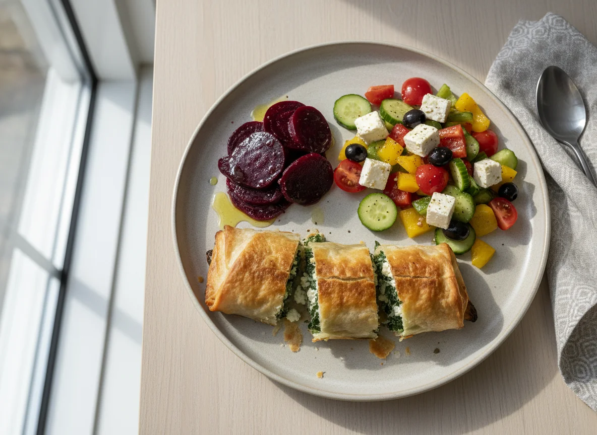 Spinat-Feta-Strudel mit Rote-Bete-Salat und griechischem Salat photo