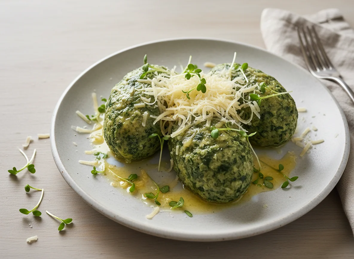Spinatknödel mit Parmesan und Kresse photo