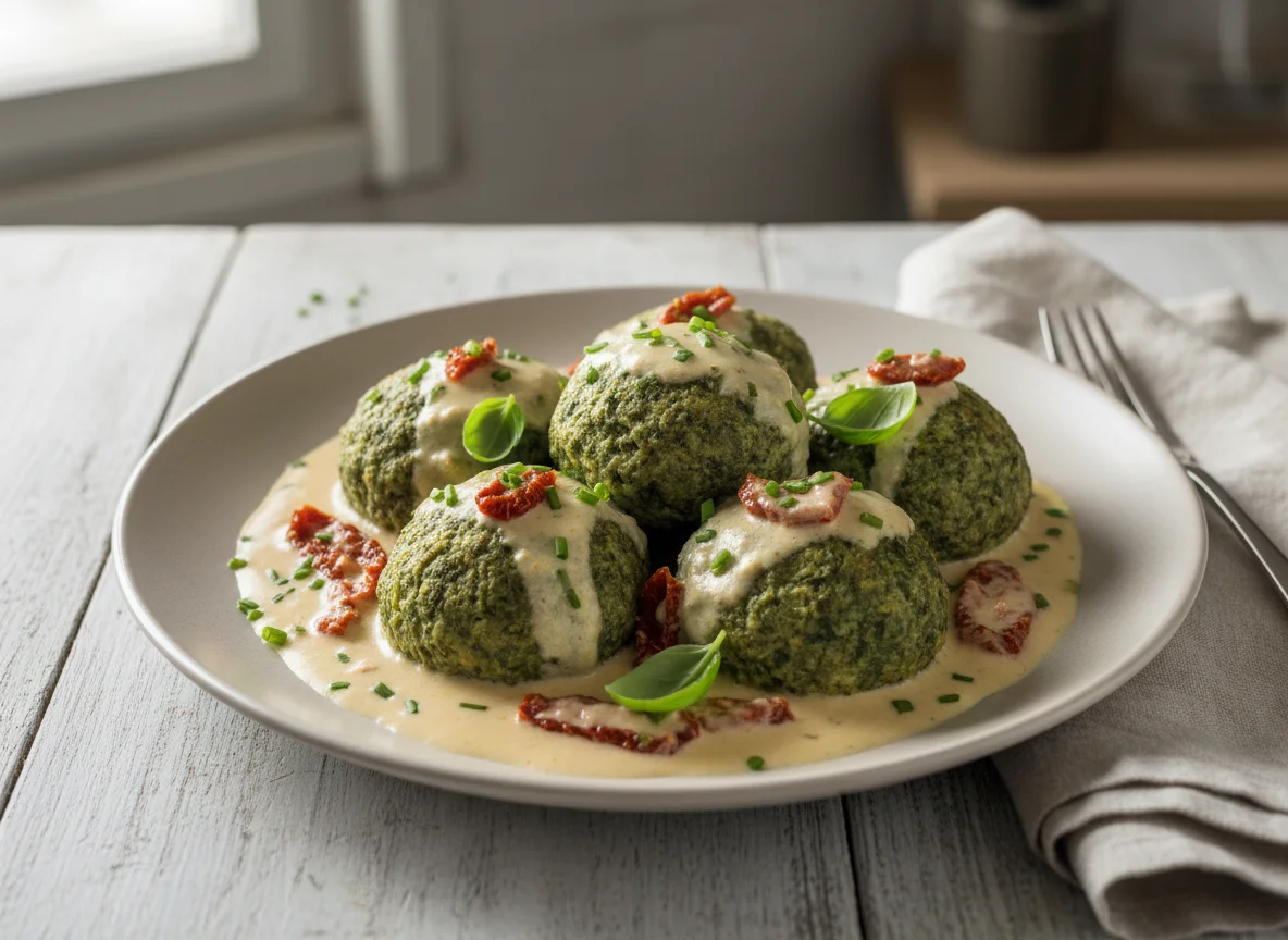 Spinatknödel mit Rahmsauce photo