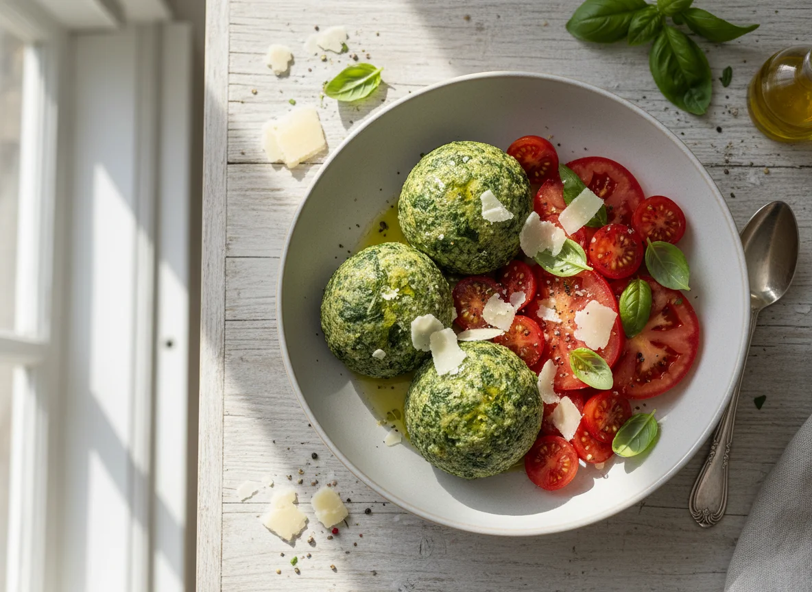 Spinatknödel mit Tomatensalat und Parmesan photo