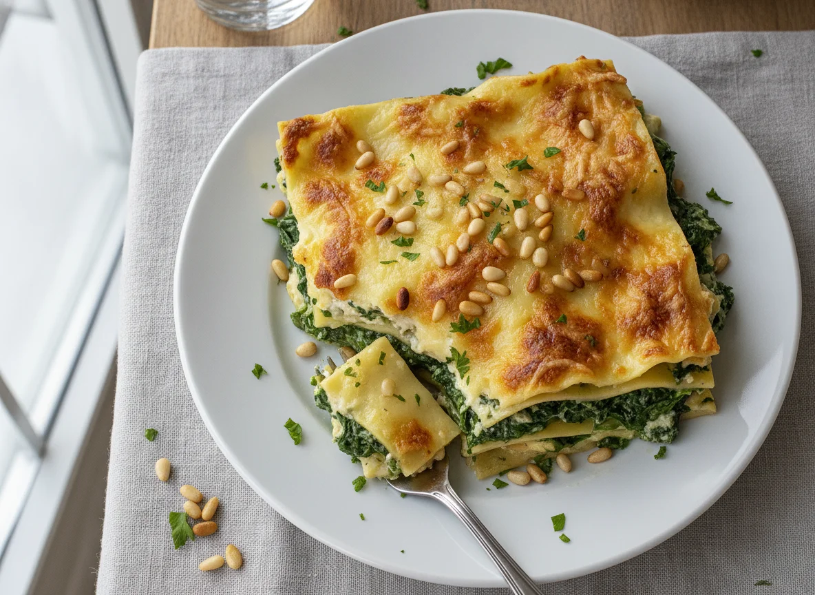 Spinat-Lasagne mit Pinienkernen photo