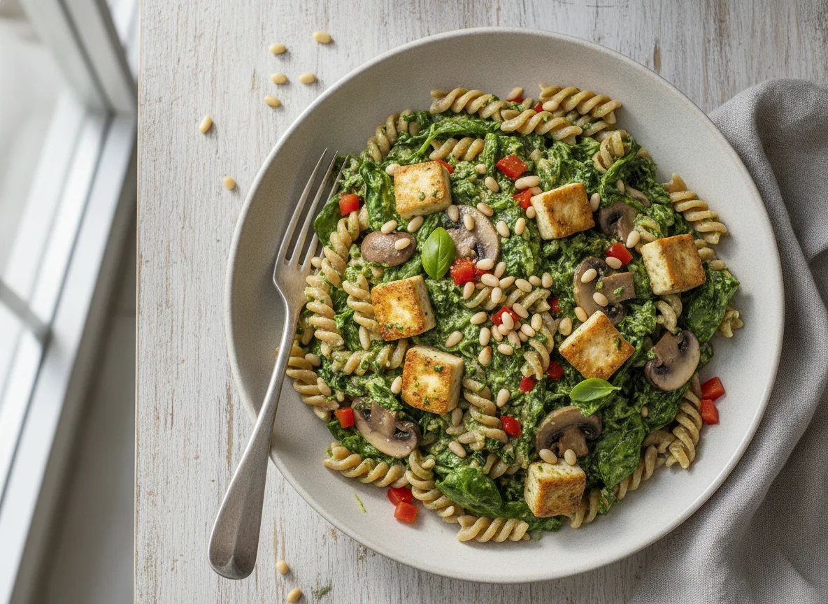 Spinat-Pilz-Pasta mit Tofu und Pinienkernen photo