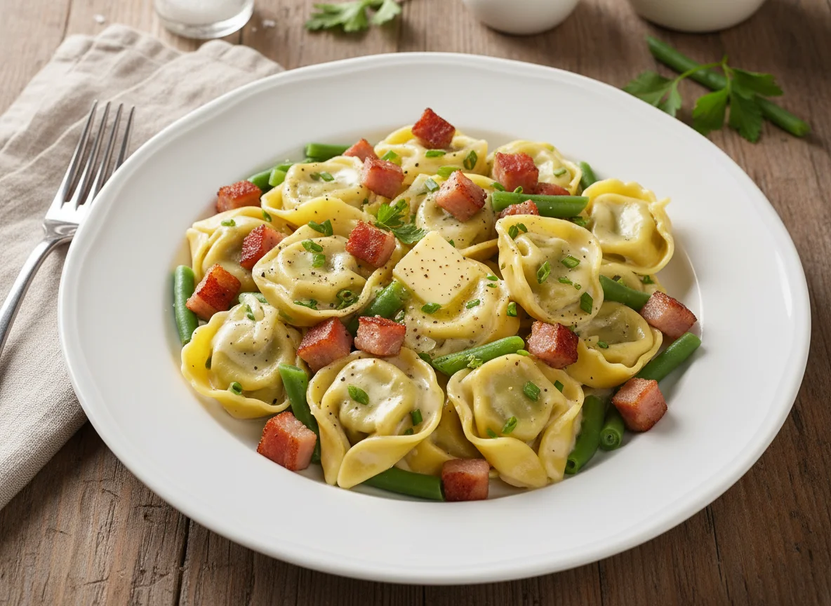 Spinat-Ricotta-Tortellini mit Krustenschinken und grünen Bohnen in Sahnesoße photo