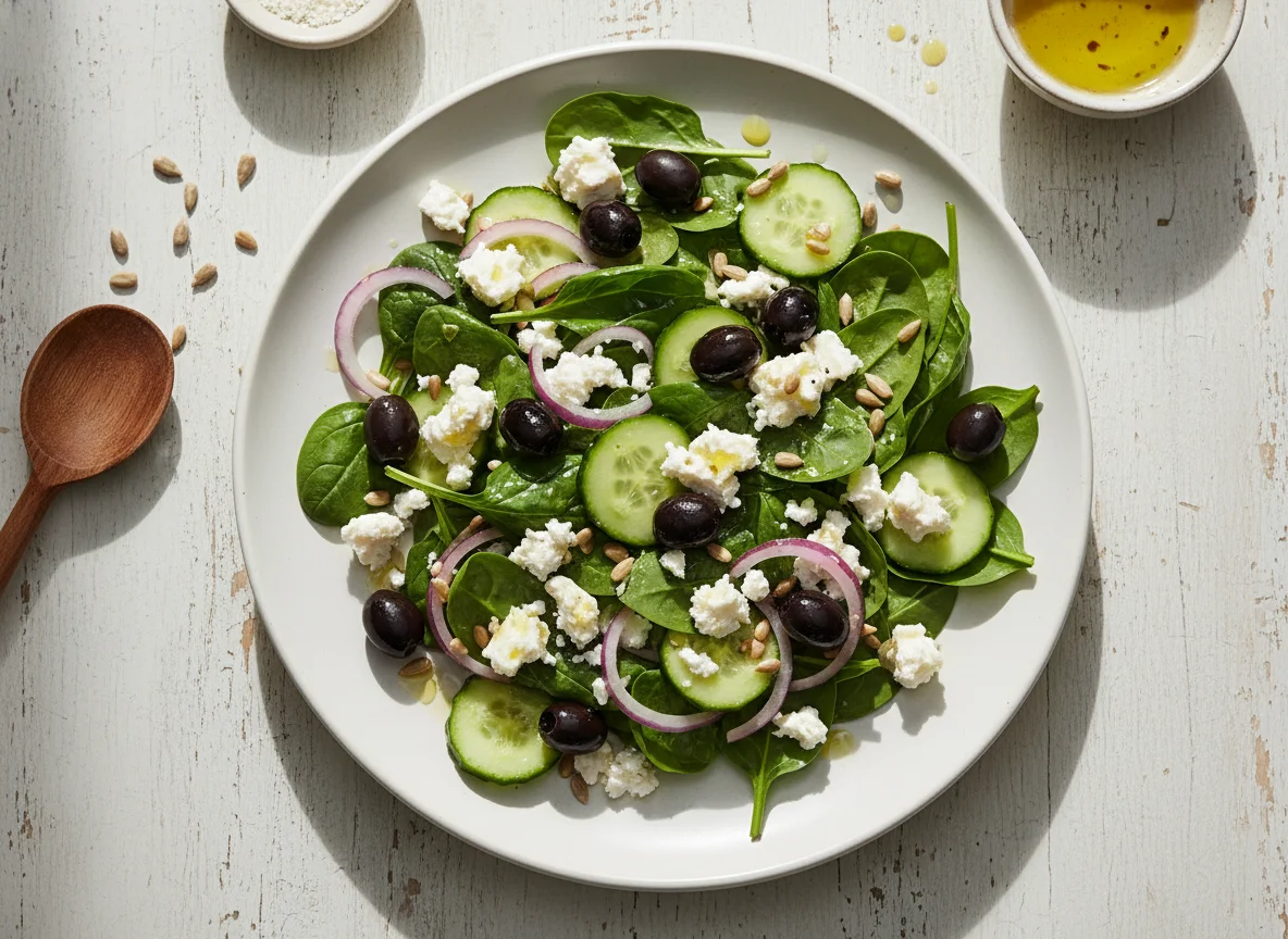 Spinatsalat mit Feta und Oliven photo