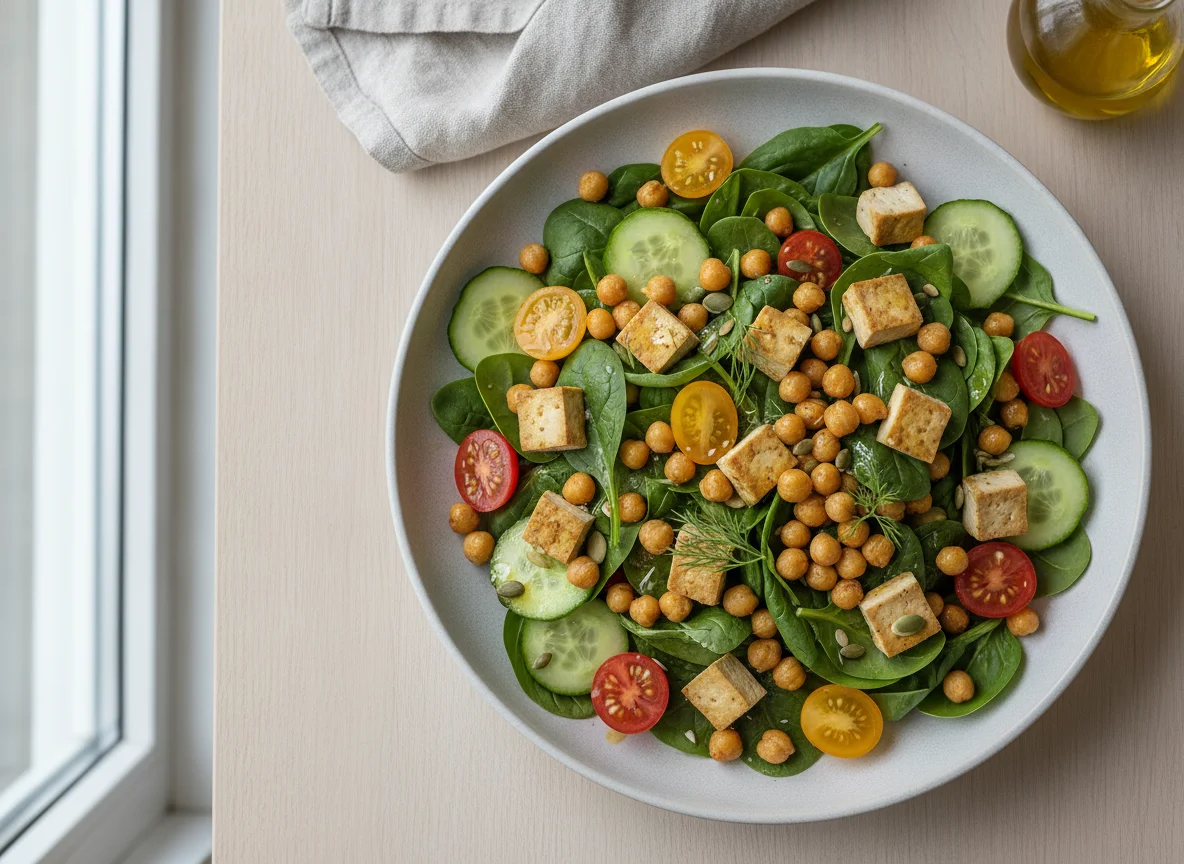Spinatsalat mit Kichererbsen und Tofu photo