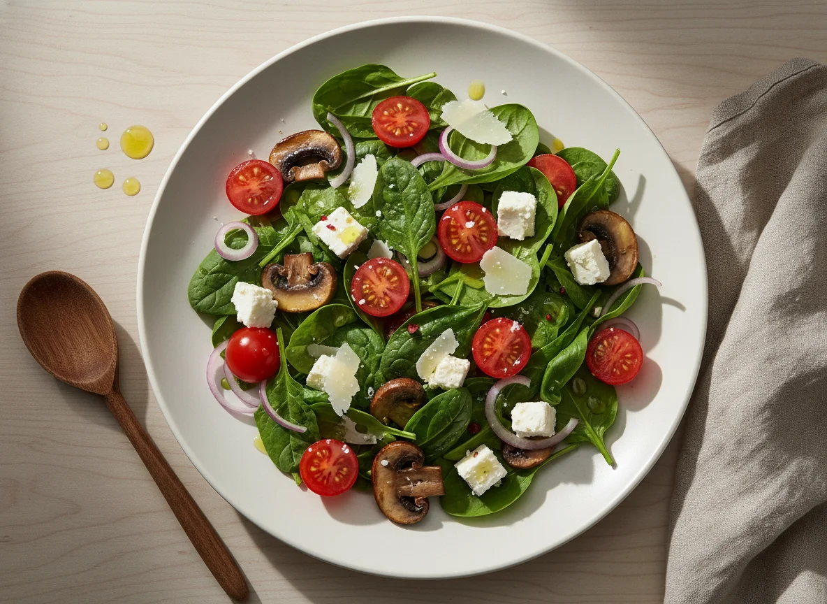 Spinatsalat mit Pilzen, Tomaten und Feta photo