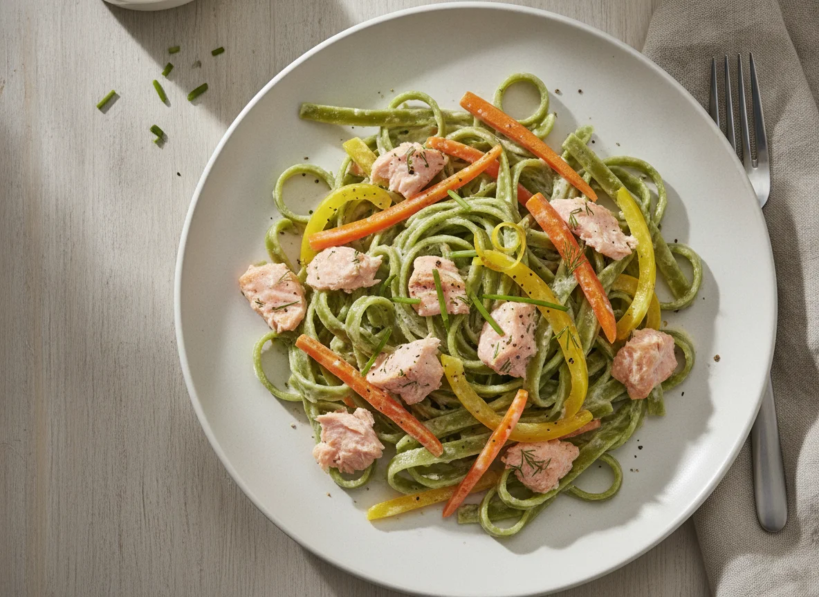 Spinat-Tagliatelle mit Lachs und Gemüse in Sahnesauce photo