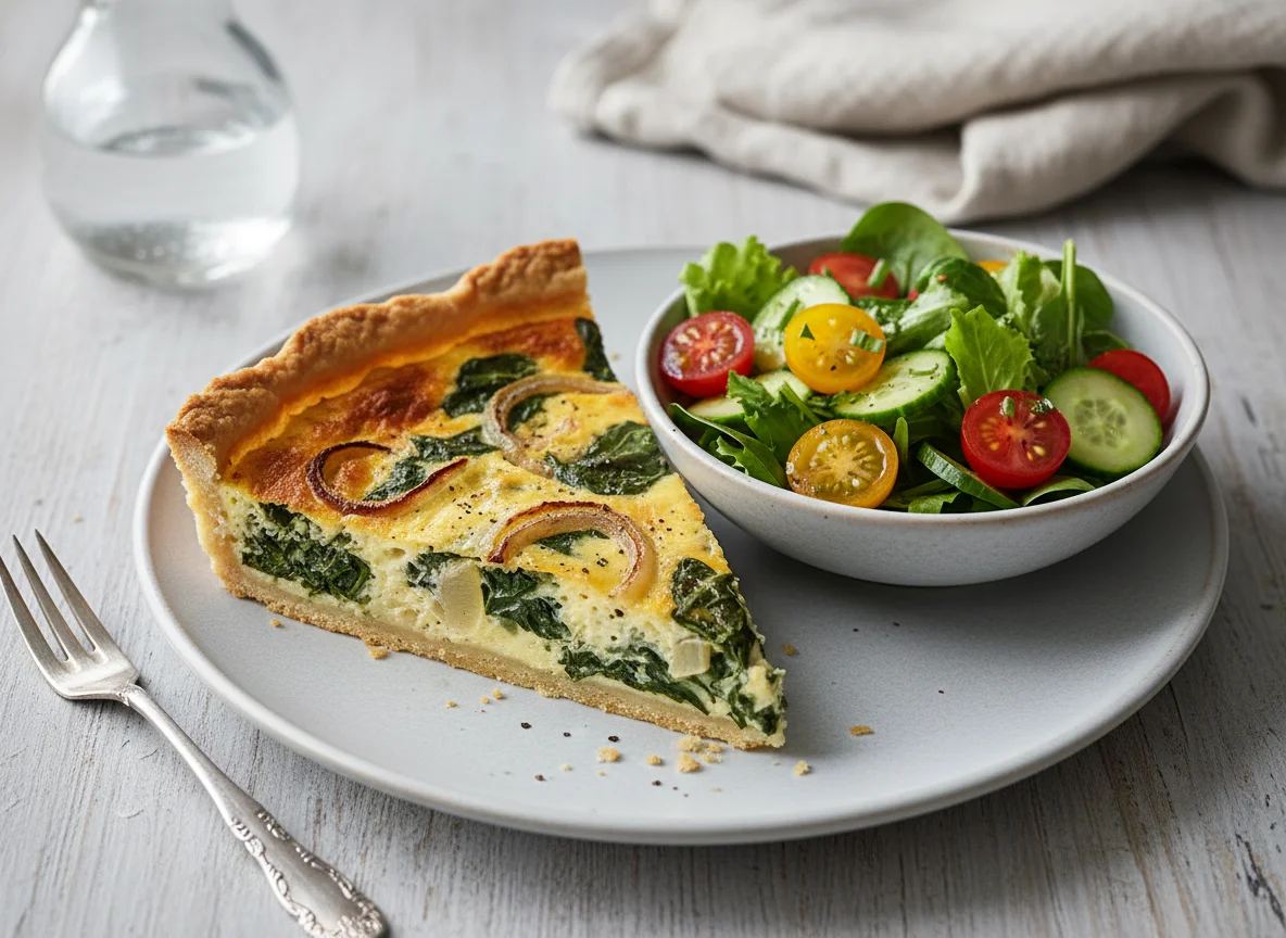 Spinat-Zwiebel-Quiche mit Beilagensalat photo