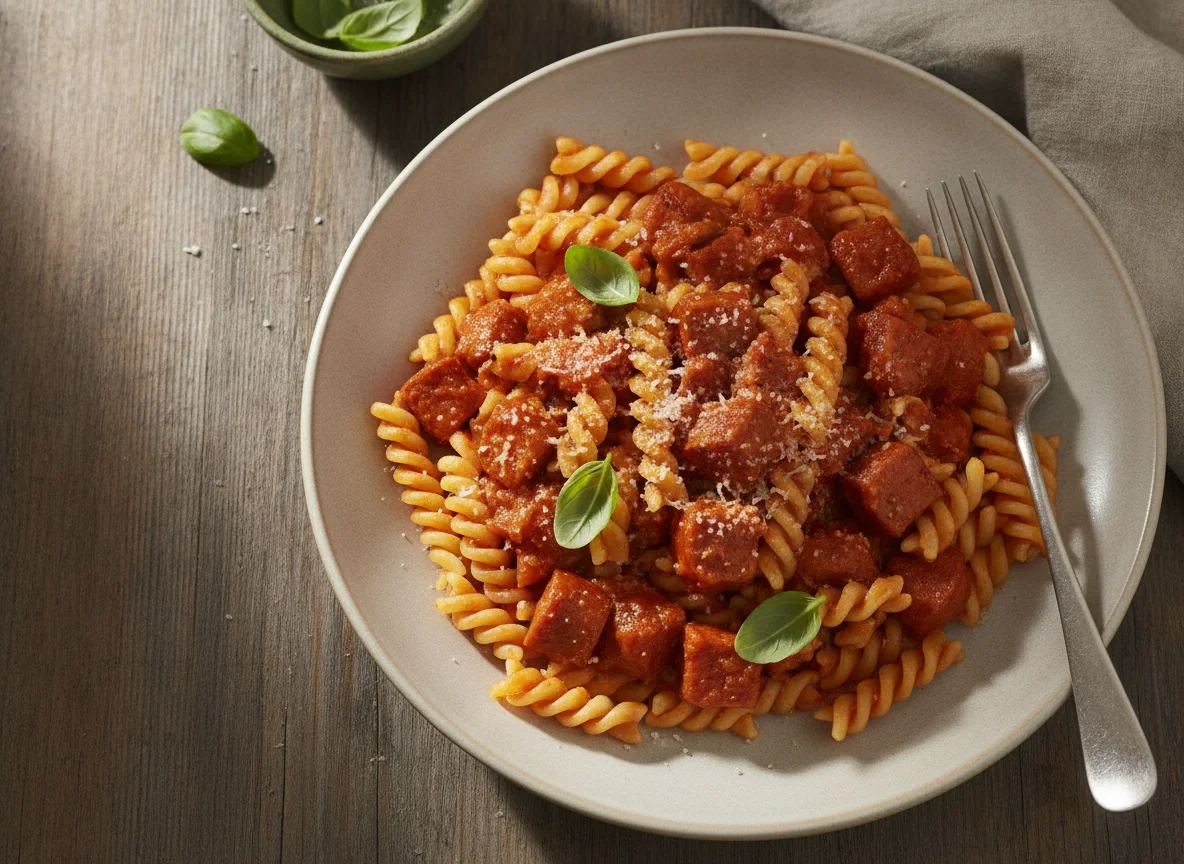Spirelli mit Tomatensauce und Jagdwurst photo