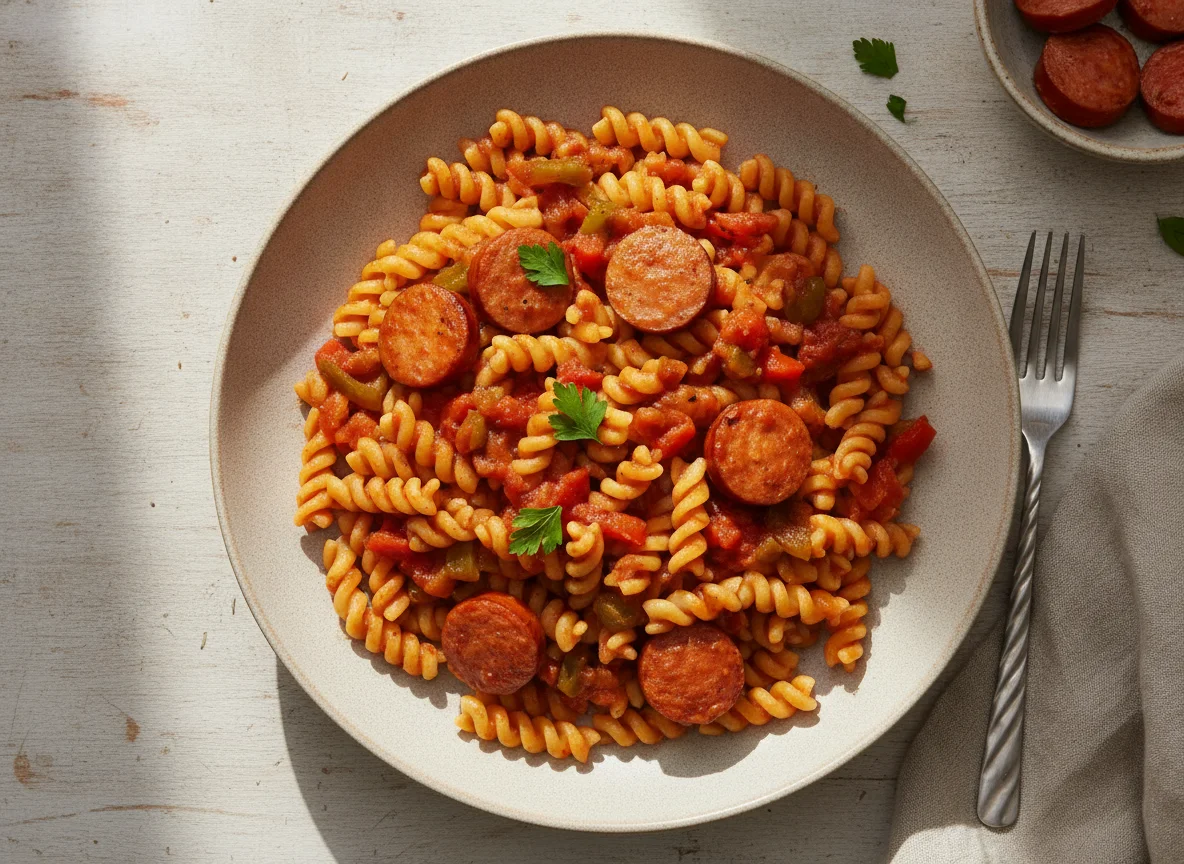 Spirelli mit Wurstgulasch photo