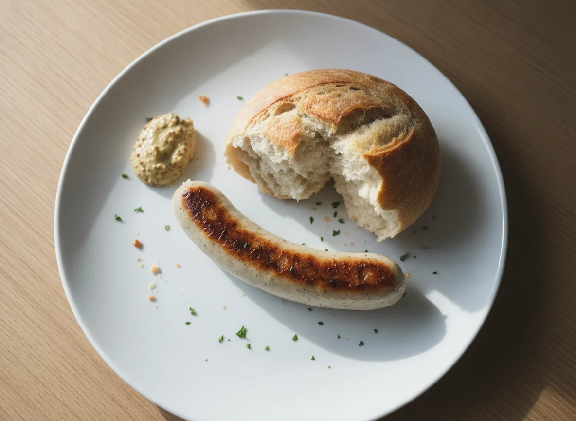 St. Galler Bratwurst mit Brot und Senf photo