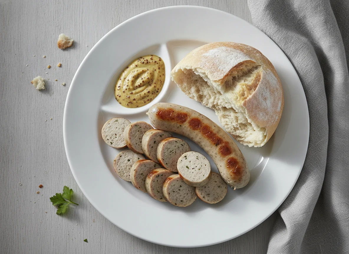 St. Galler Bratwurst mit Bürli und Senf photo