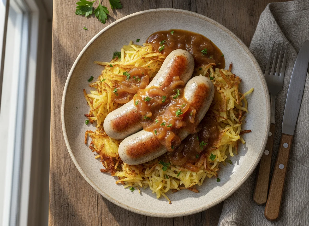 St. Galler Bratwurst mit Rösti und Zwiebelsauce photo