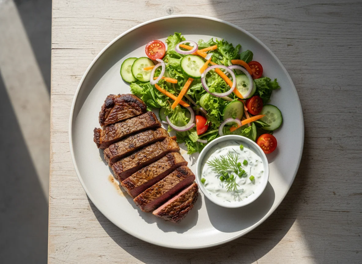 Steak mit Beilagensalat und Dip photo