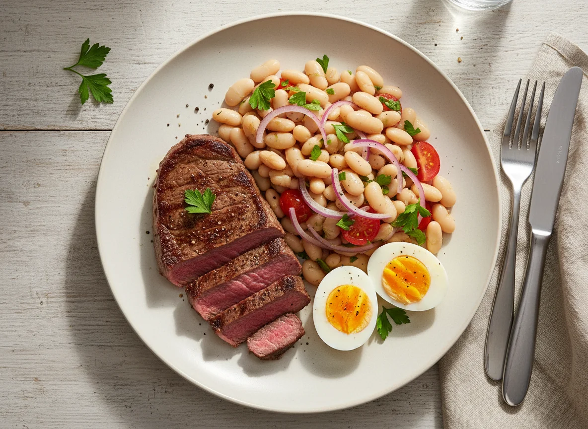 Steak mit Bohnensalat und Eiern photo