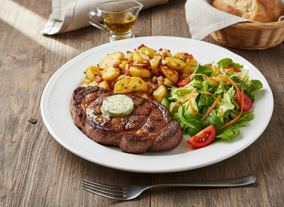 Steak mit Bratkartoffeln und Beilagensalat photo
