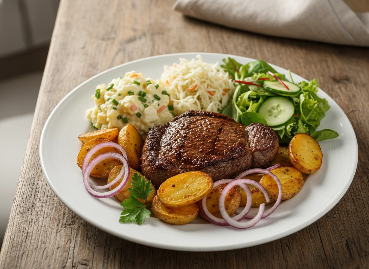 Steak mit Bratkartoffeln und Zwiebeln photo