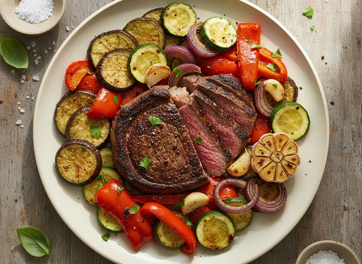 Steak mit gebratenem Gemüse photo