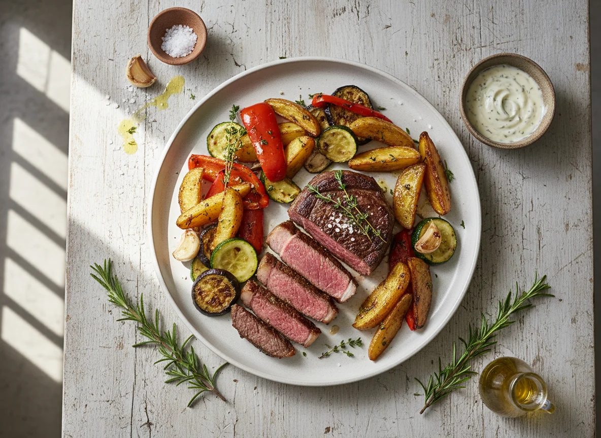 Steak mit gebratenem Gemüse und Knoblauch photo