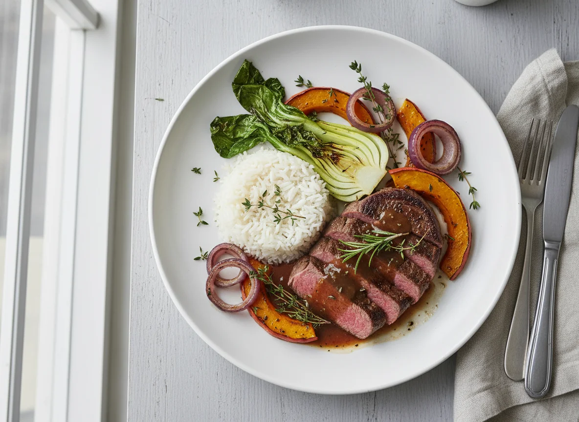 Steak mit gebratenem Gemüse und Reis photo