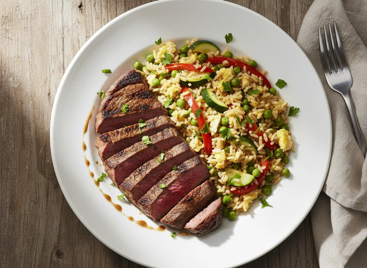 Steak mit gebratenem Reis und Gemüse photo