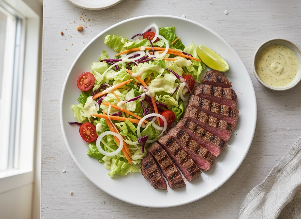Steak mit gemischtem Salat und Dressing photo