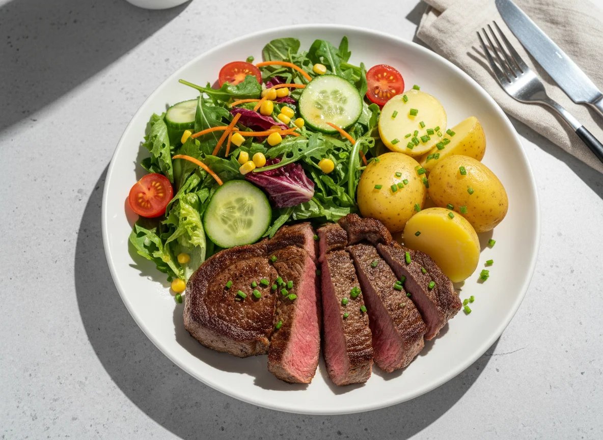 Steak mit gemischtem Salat und Kartoffeln photo