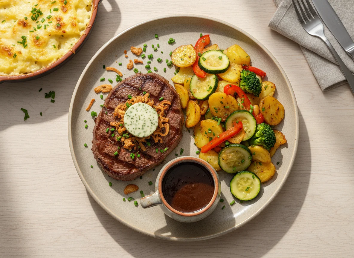 Steak mit Gemüse, Kartoffeln und Beilagen photo