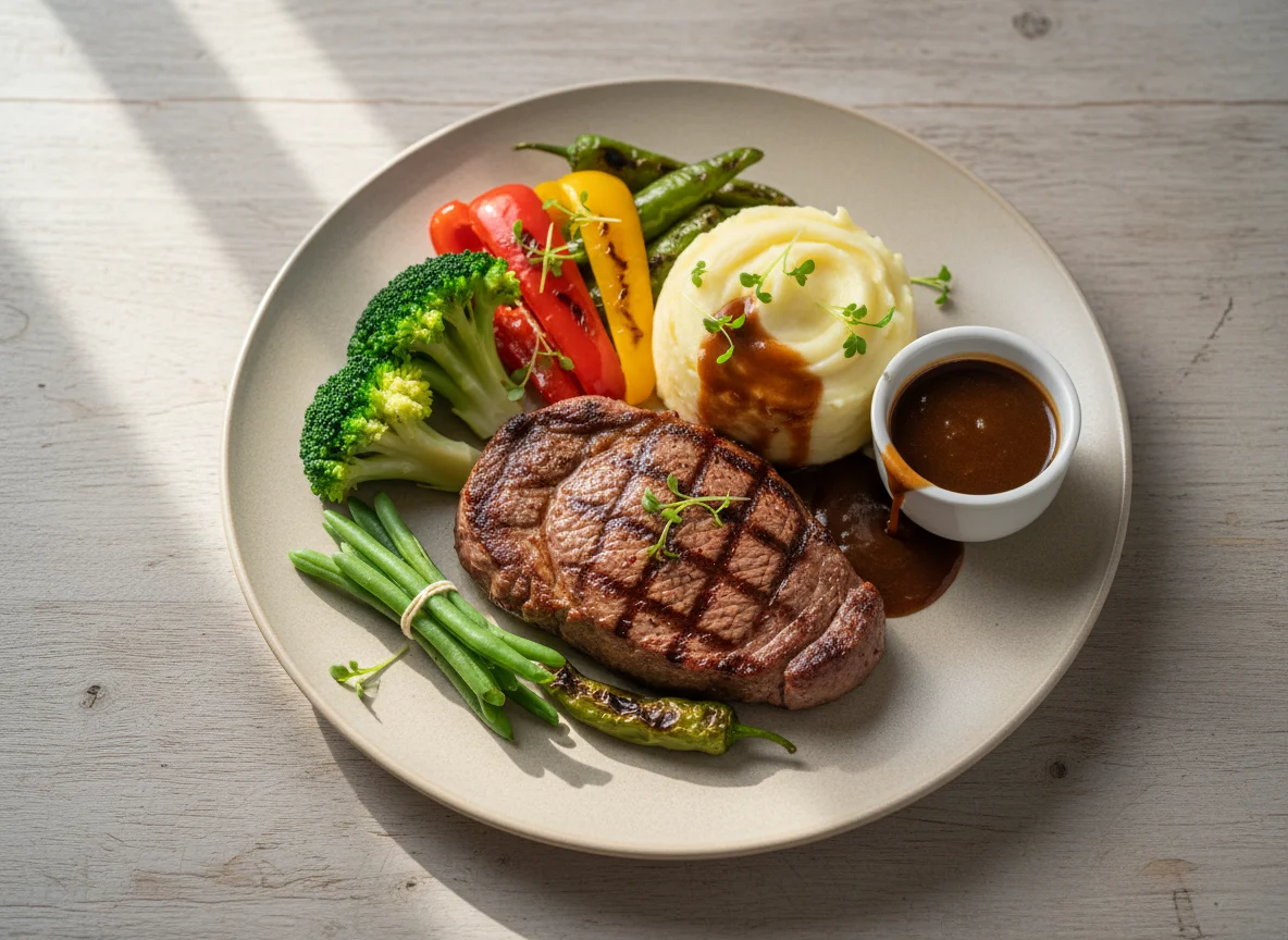 Steak mit Gemüse und Saucen photo