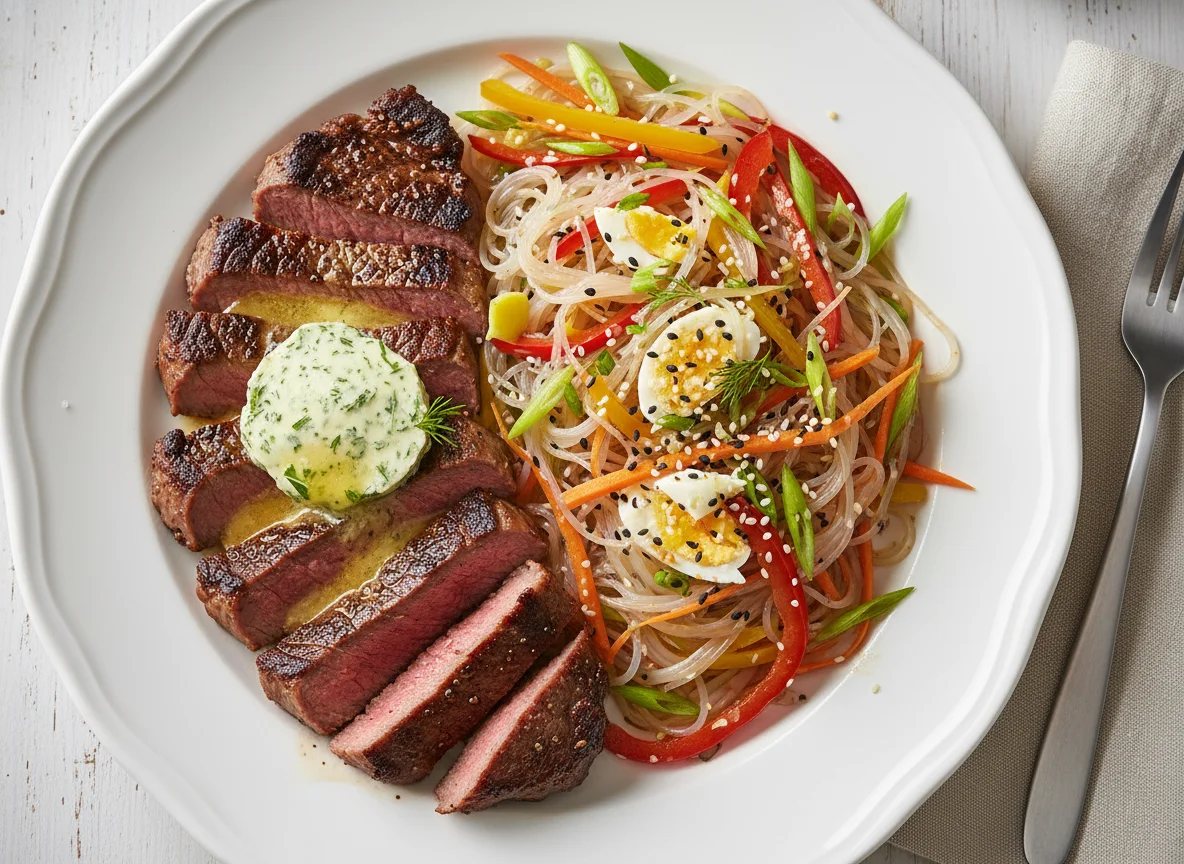 Steak mit Glasnudeln und Kräuterbutter photo