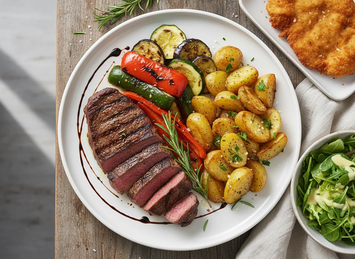 Steak mit Grillgemüse und Beilagen photo