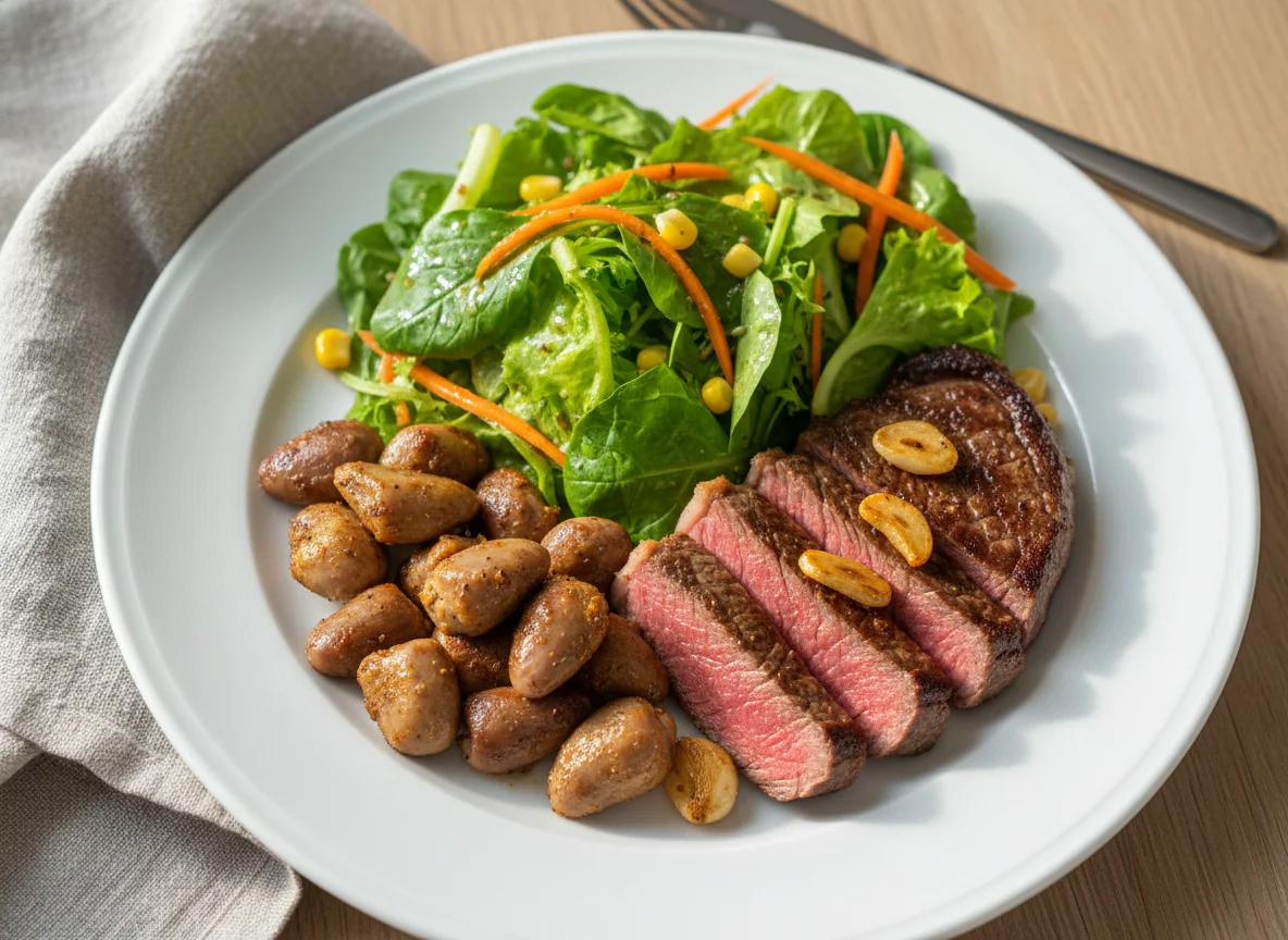 Steak mit Hühnerherzen und Salat photo