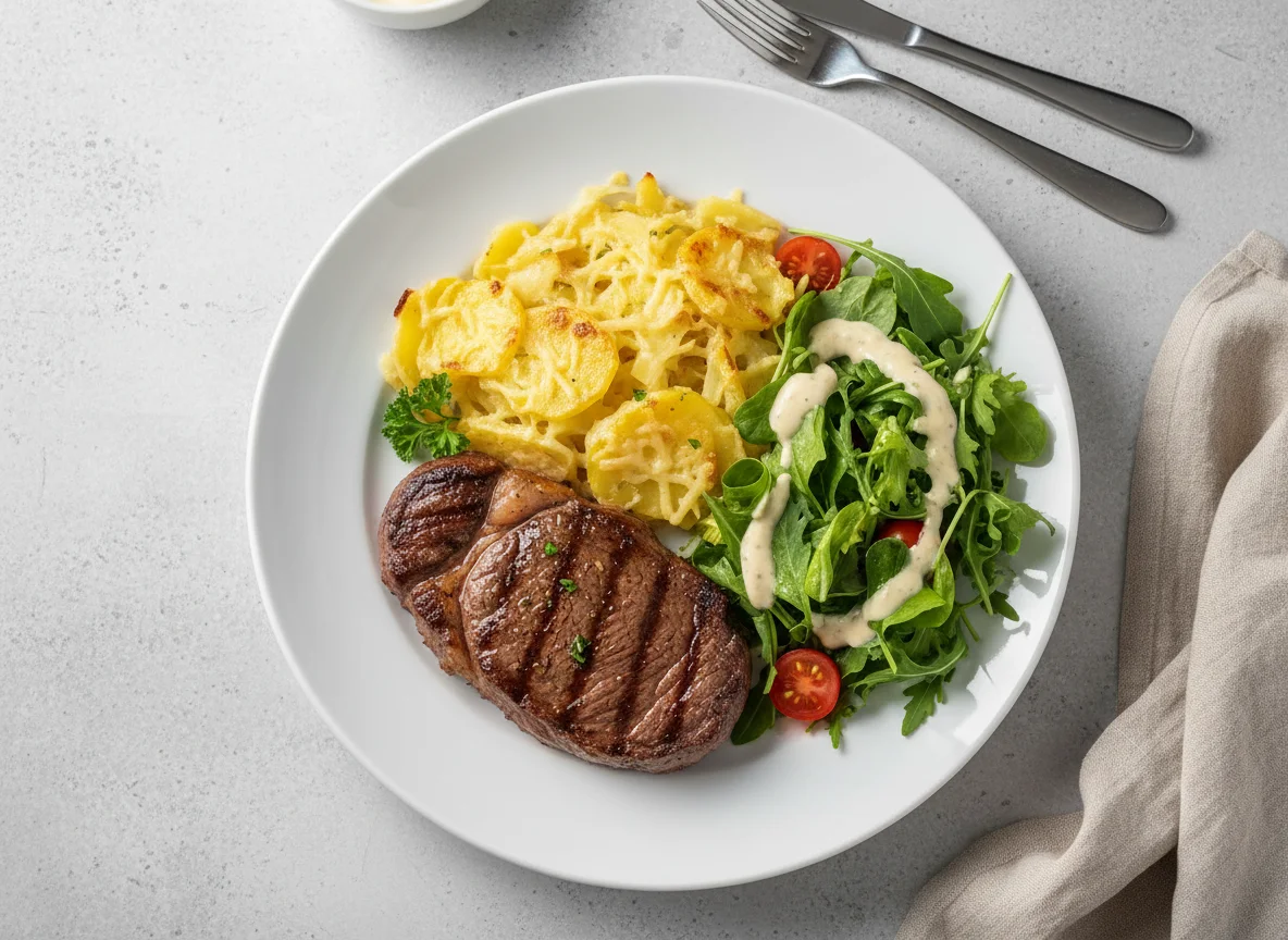 Steak mit Kartoffelgratin und Salat photo