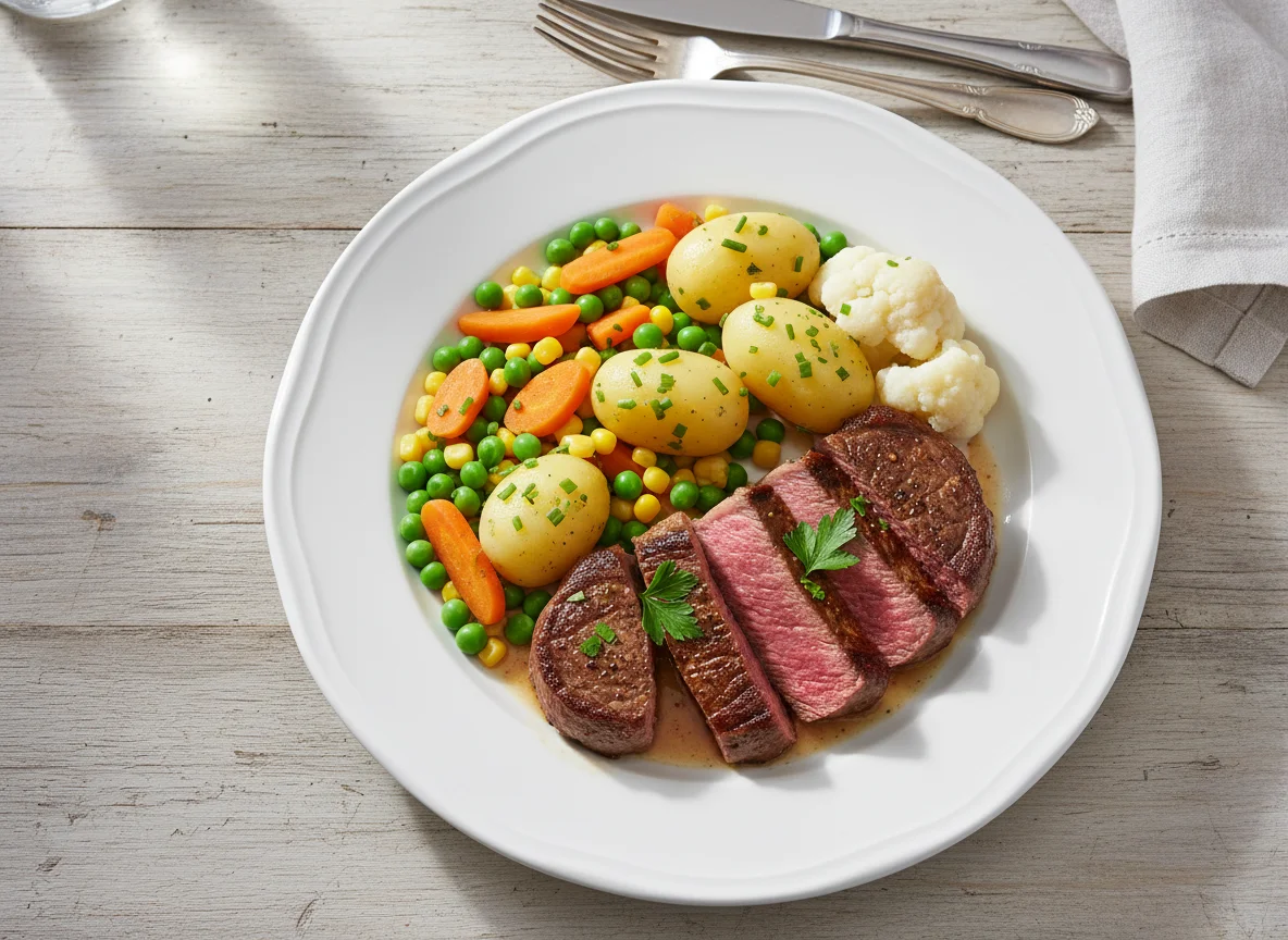Steak mit Kartoffeln und Gemüse photo