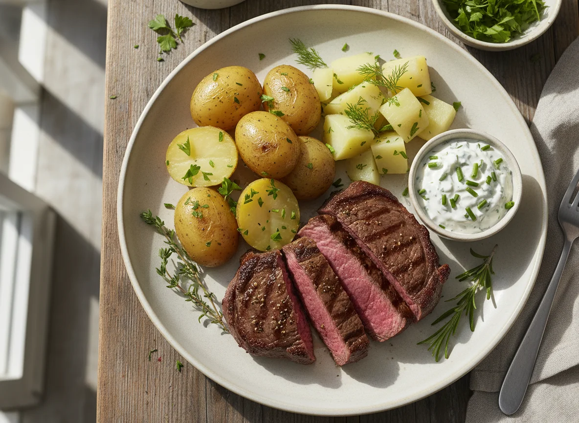 Steak mit Kartoffeln und Kohlrabi photo