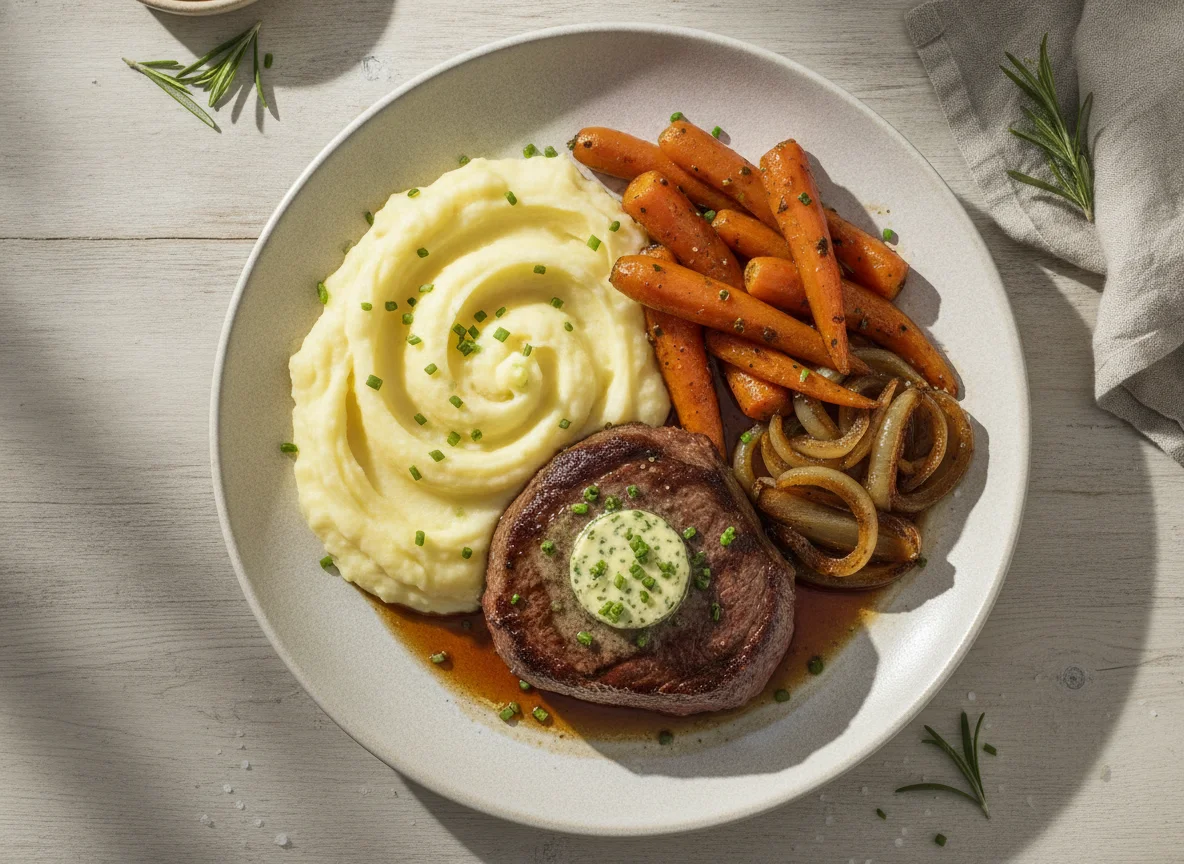 Steak mit Kartoffelpüree, Karotten und Zwiebeln photo