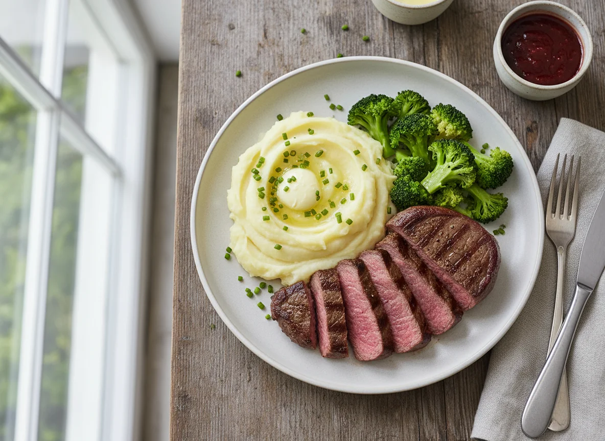 Steak mit Kartoffelpüree und Brokkoli photo